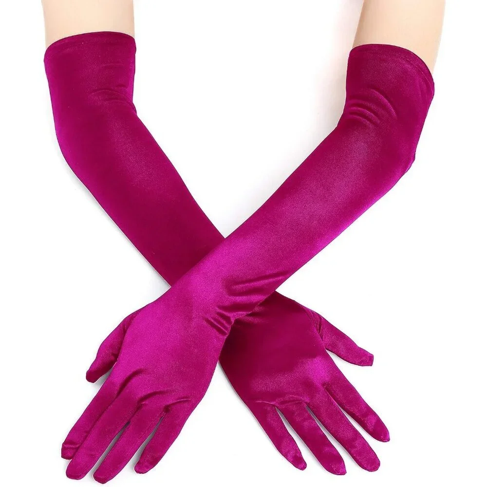 Women's Smooth Rose Red Long Satin Gloves Elbow Length Party Costume Accessory
